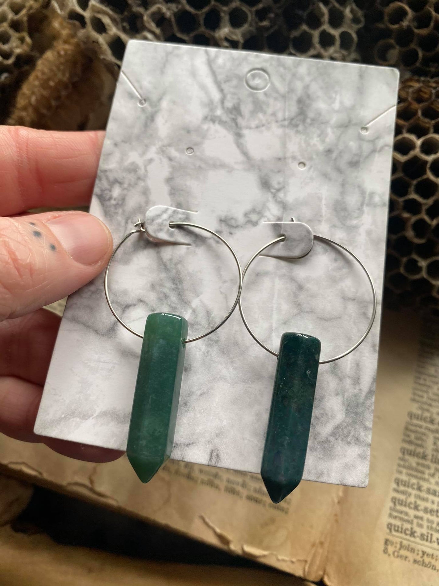 Moss Quartz Crystal point on Surgical Steel Hoop Earrings