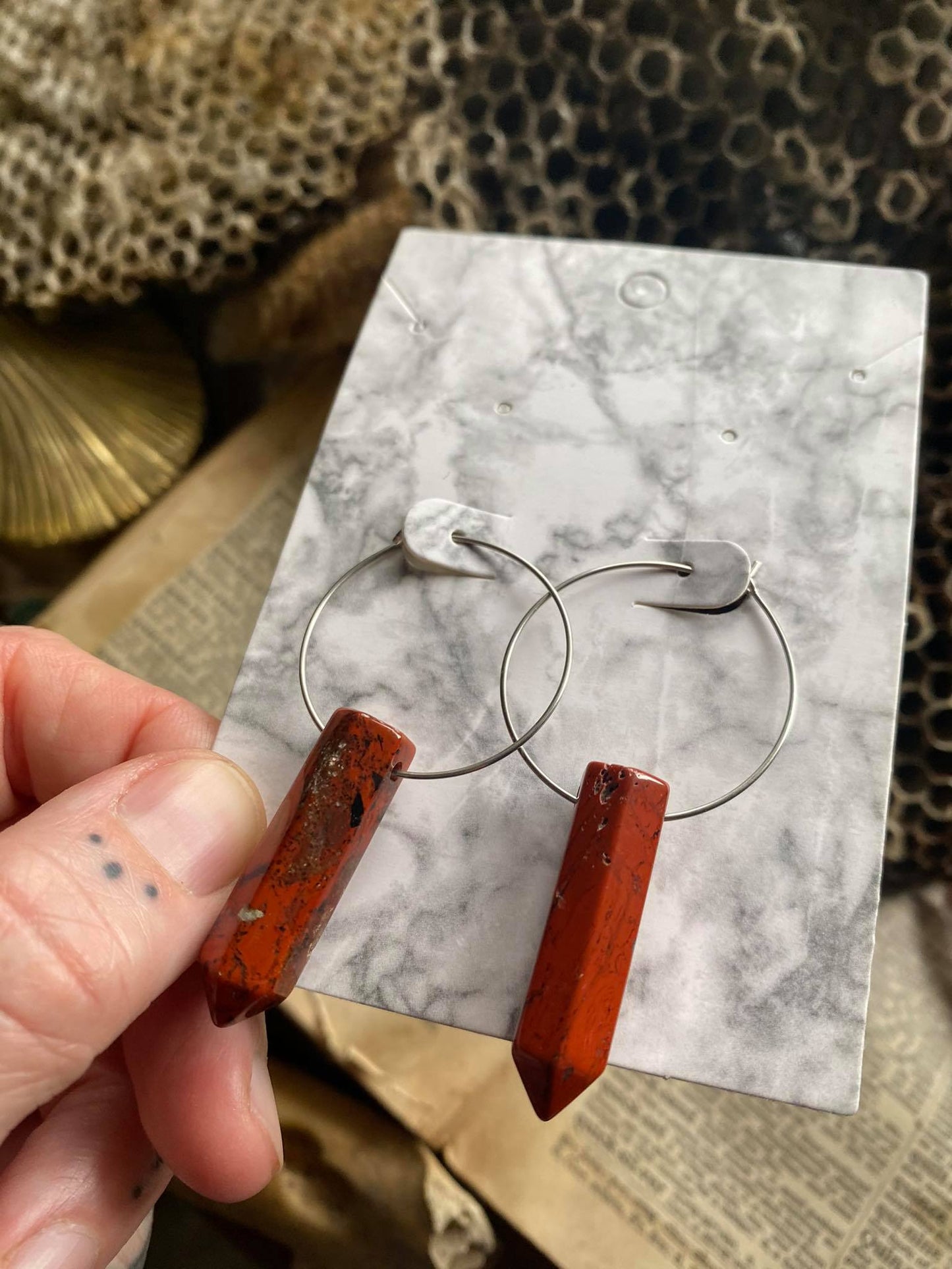 Brecciated Jasper Crystal point on Surgical Steel Hoop Earrings