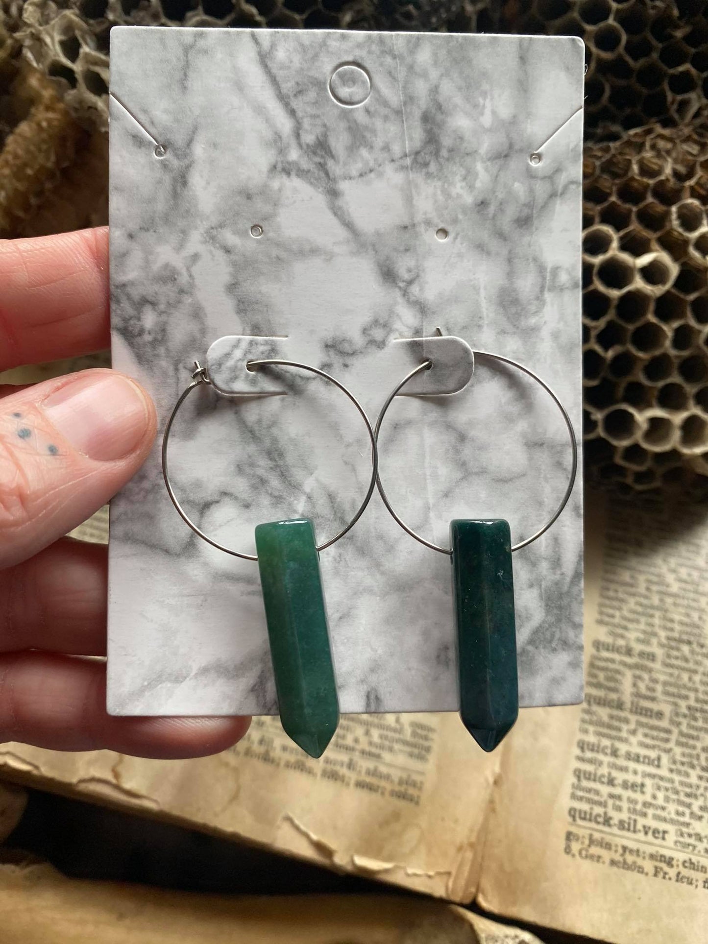 Moss Quartz Crystal point on Surgical Steel Hoop Earrings