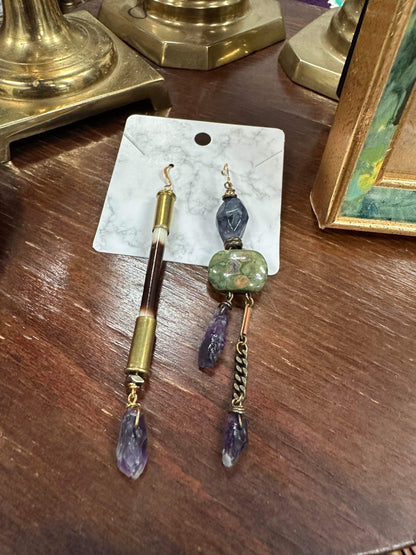 Porcupine Quill/Amethyst/Ocean Jasper Crystal Earrings