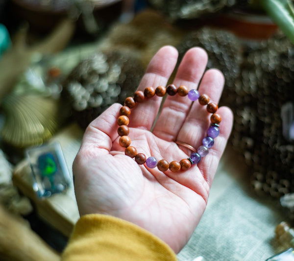 Pancreatic Cancer Awareness Bracelet (Amethyst & Wooden Prayer Beads)