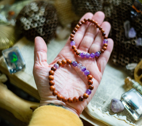 Pancreatic Cancer Awareness Bracelet (Amethyst & Wooden Prayer Beads)