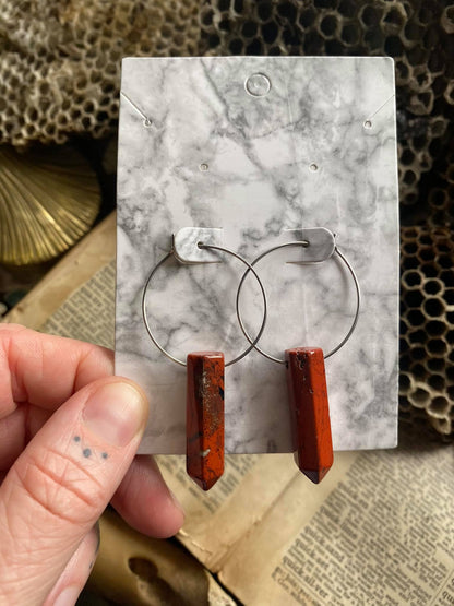 Brecciated Jasper Crystal point on Surgical Steel Hoop Earrings