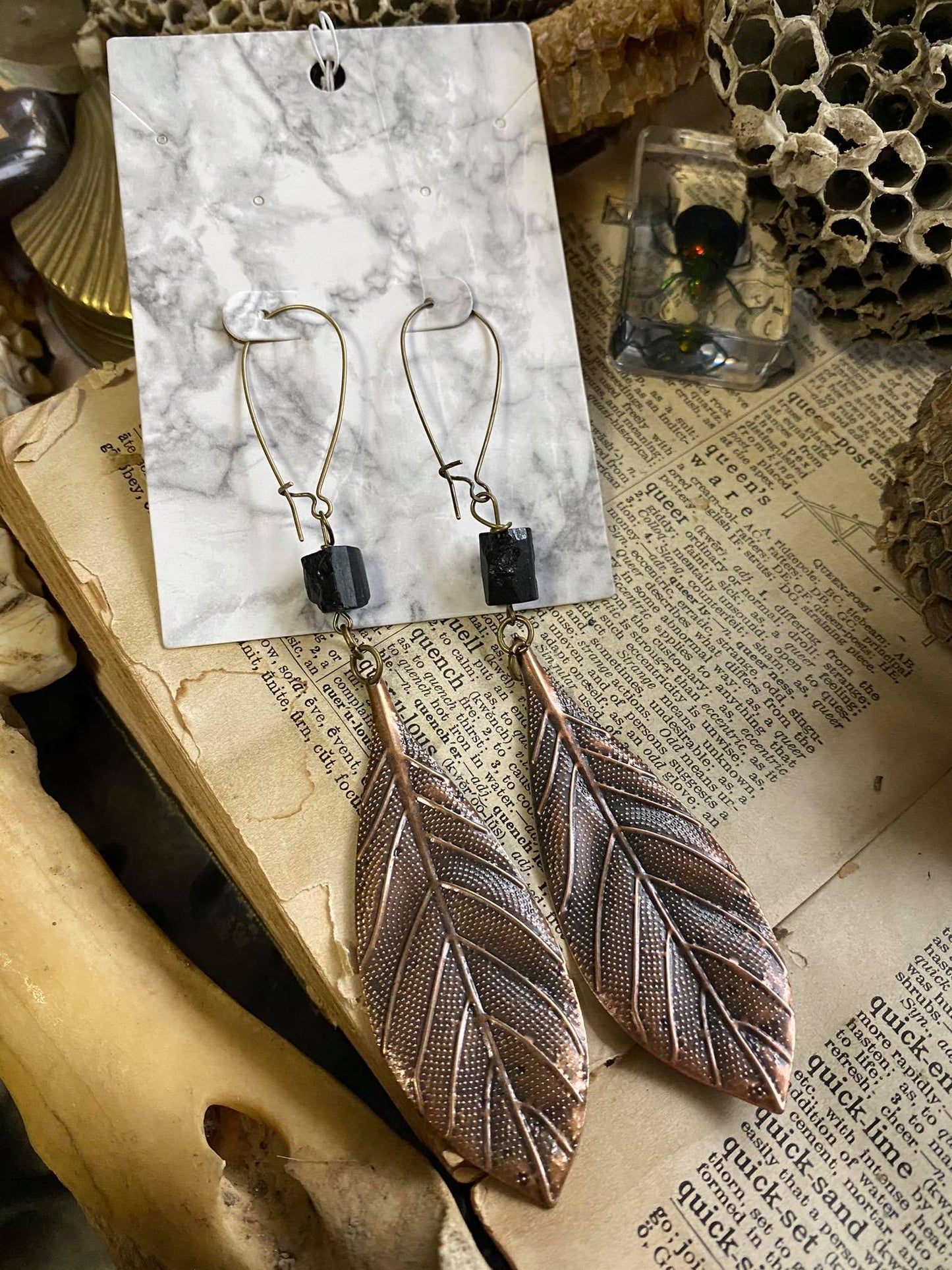 Black Tourmaline with Copper Leaf Earrings