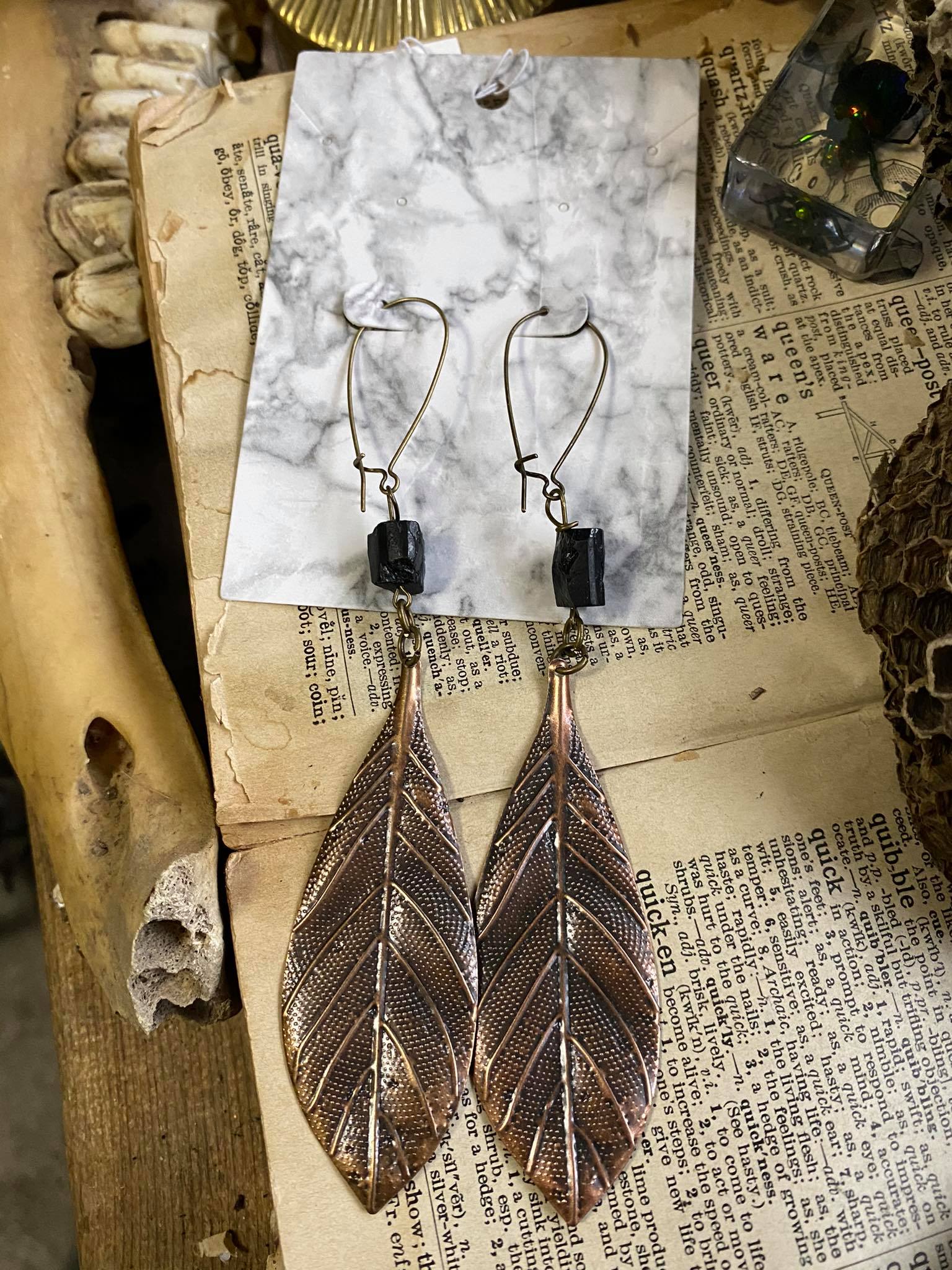 Black Tourmaline with Copper Leaf Earrings