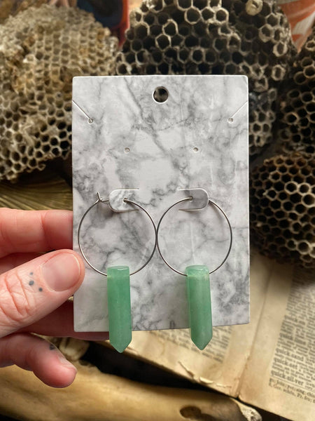 Green Aventurine Crystal point on Surgical Steel Hoop Earrings