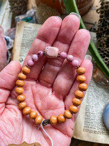Mookaite & Rhodochrosite with prayer wood beads medium bracelet