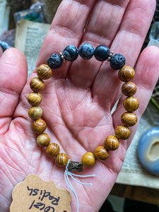Snowflake Obsidian & Lava Stone with prayer wood beads medium/large bracelet