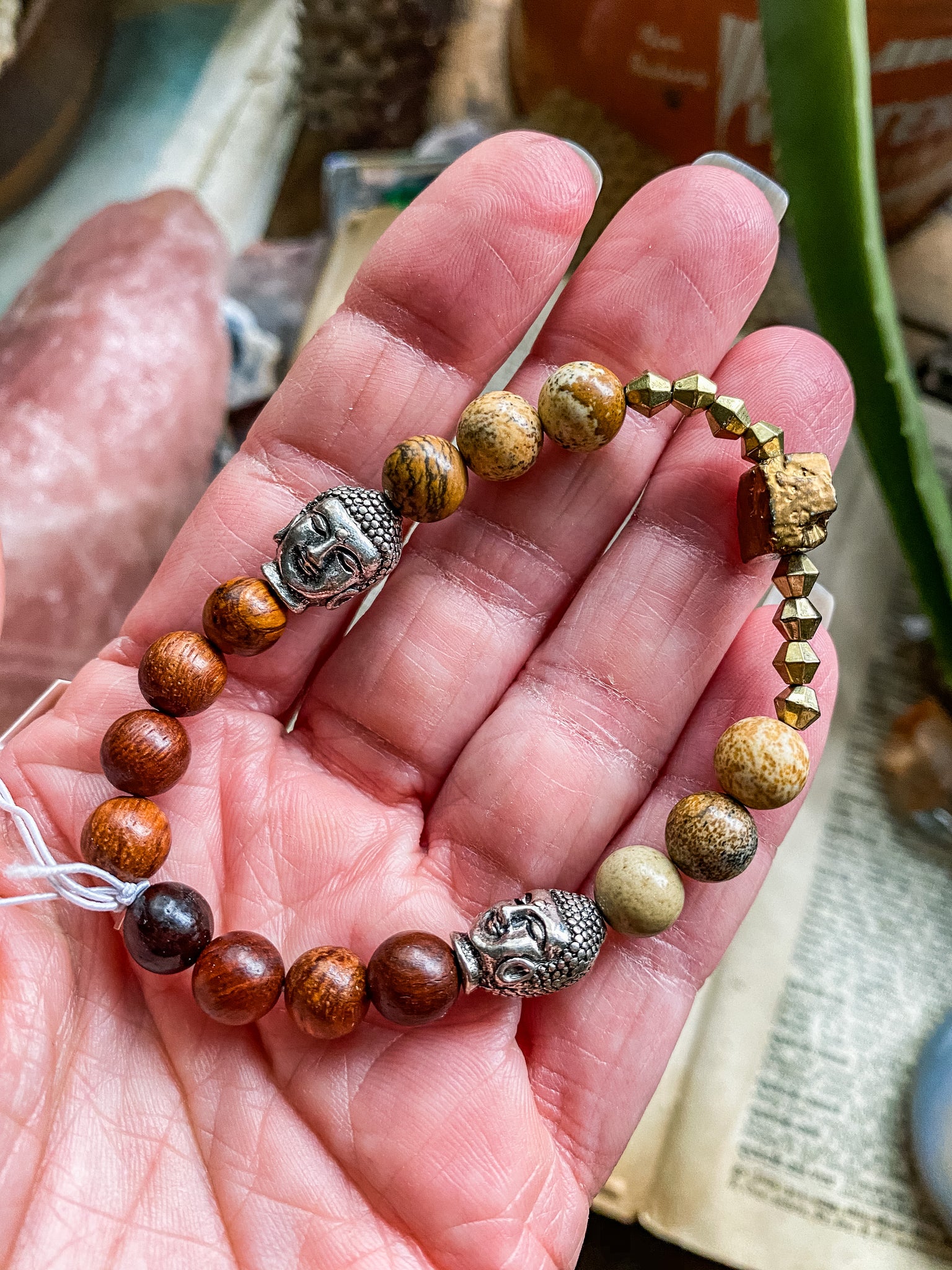 Pyrite & Picture Jasper with prayer wood beads medium bracelet