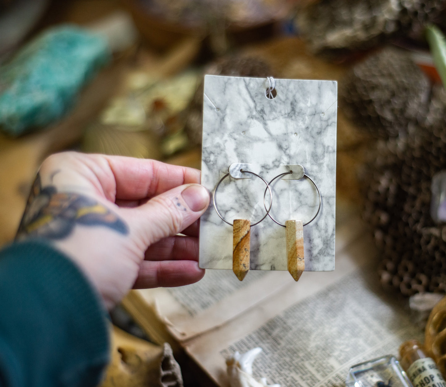 Picture Jasper Crystal point on Surgical Steel Hoop Earrings