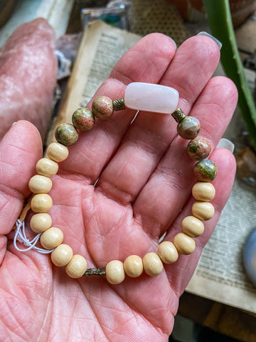 Rose Quartz & Unakite with prayer wood beads medium/large bracelet