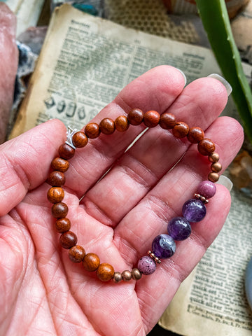 Amethyst & Rhodonite with prayer wood beads medium bracelet