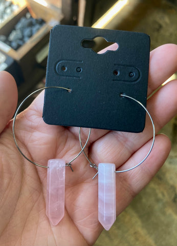 Rose Quartz Crystal Points on Surgical Steel Hoop Earrings