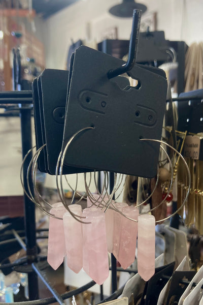 Rose Quartz Crystal Points on Surgical Steel Hoop Earrings