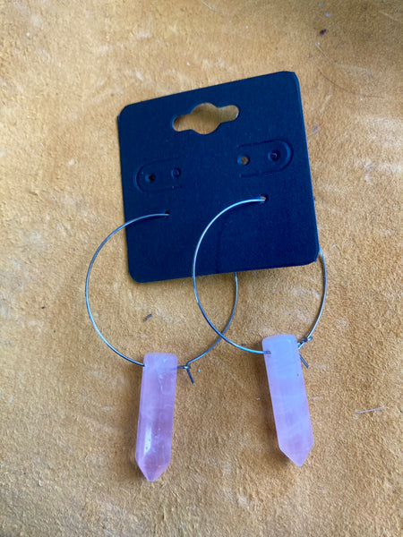 Rose Quartz Crystal Points on Surgical Steel Hoop Earrings