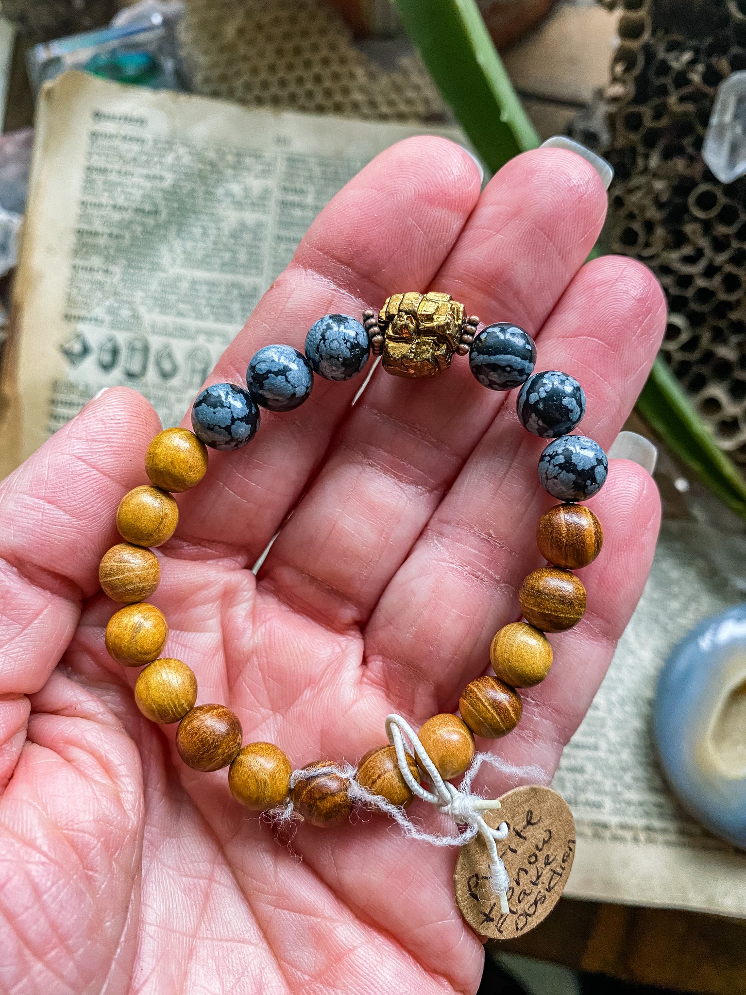 Pyrite & Snowflake Obsidian with prayer wood beads medium bracelet