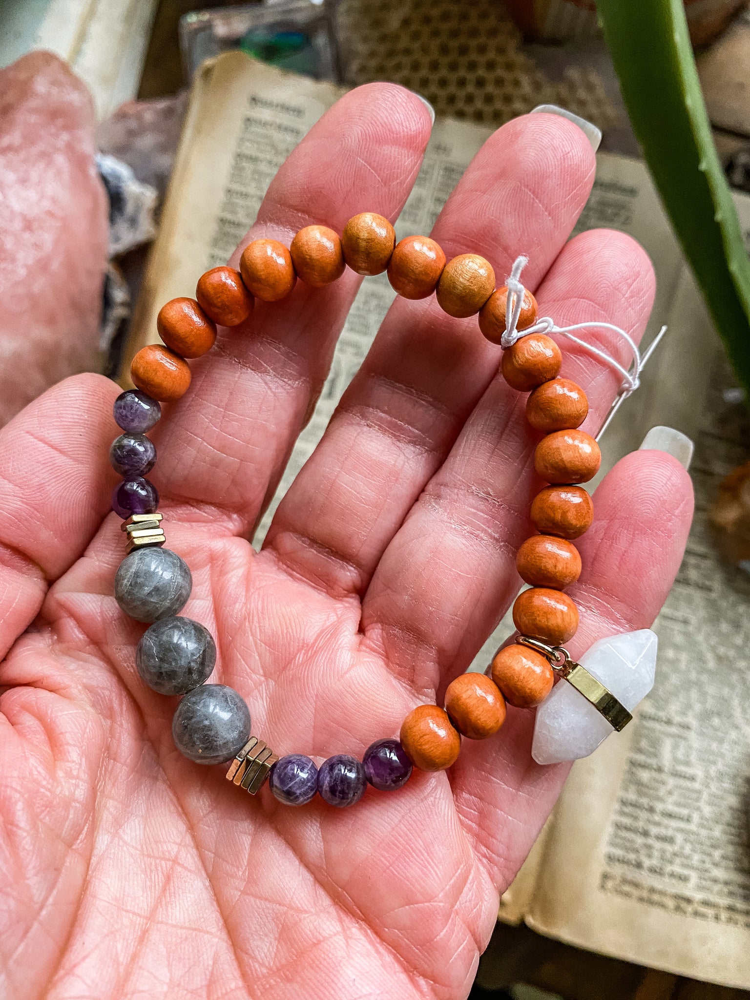Labradorite & Amethyst & Quartz with prayer wood beads medium/large bracelet